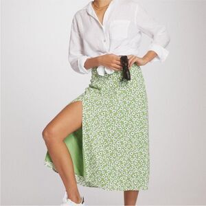 Anthropologie Maeve Green Floral Casual The Lille Side-Slit Midi Skirt Size 12